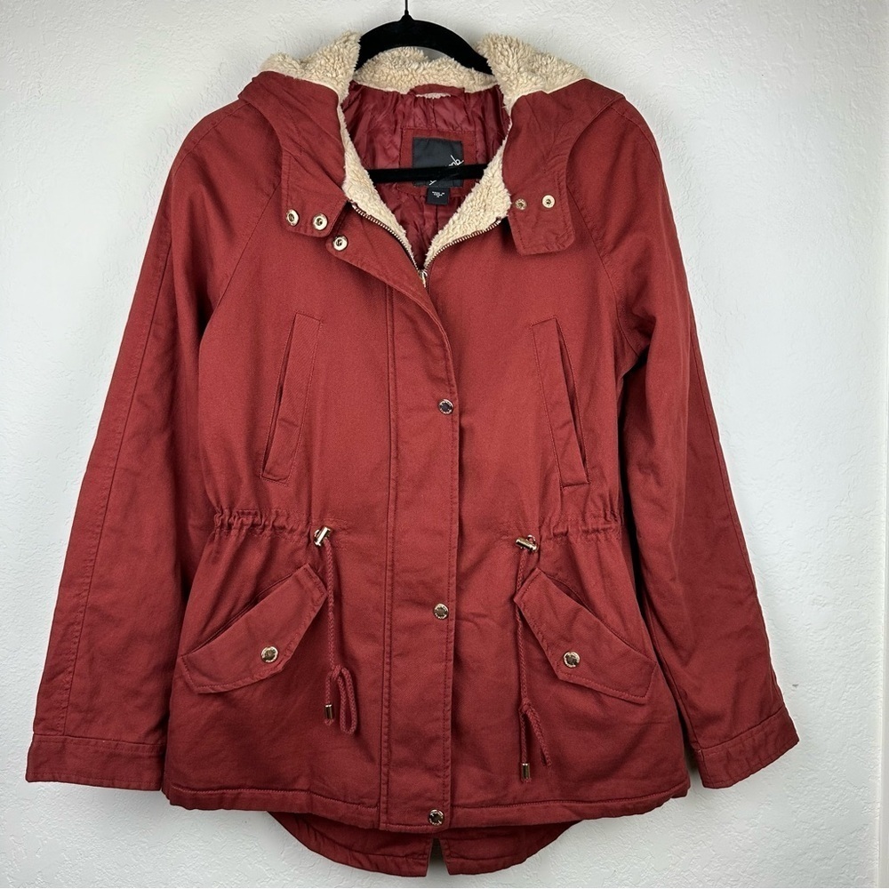 COLLECTION B Women’s medium Anorak hooded sherpa trim brick red jacket NWOT - Picture 10 of 13